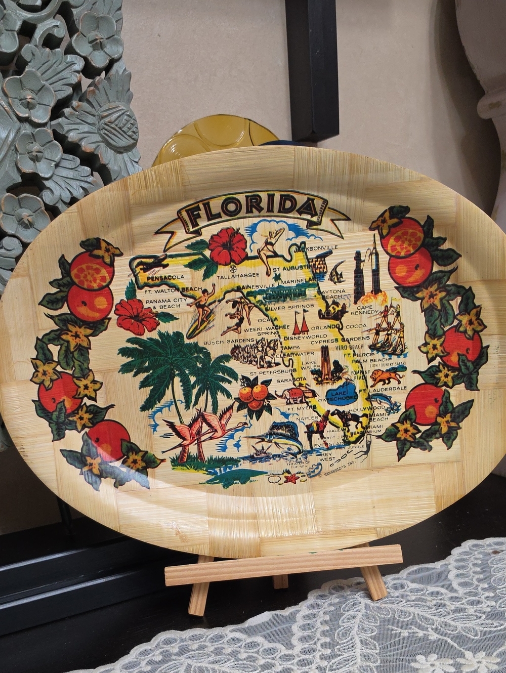 Vtg 1976 Florida Decorative Bamboo Serving Tray - Yellow
